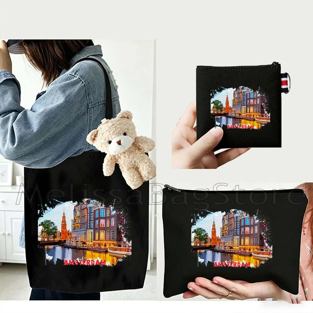 4PCS Gift Set Amsterdam Netherlands Black Canvas Tote Bag Handbag with Doll Key Coin Purse Cosmetic Makeup Toilet Bag Case Pouch
4PCS Gift Set Amsterdam Netherlands Black Canvas Tote Bag Handbag with Doll Key Coin Purse Cosmetic Makeup Toilet Bag Case Pouch