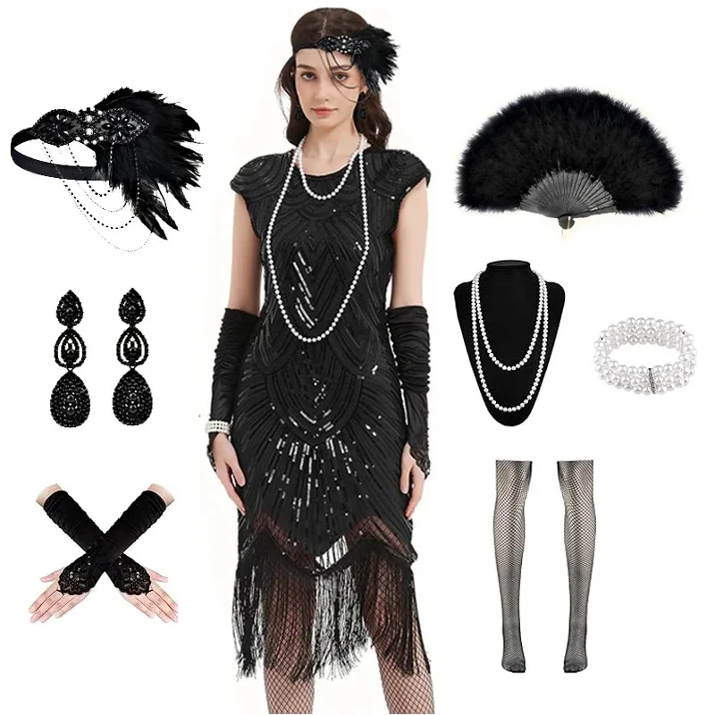 Women's Flapper Dresses 1920s Sequin Fringe Beaded Cocktail Crew Neck Dress Roaring 20s Accessories Vintage Lace Dress
Women's Flapper Dresses 1920s Sequin Fringe Beaded Cocktail Crew Neck Dress Roaring 20s Accessories Vintage Lace Dress