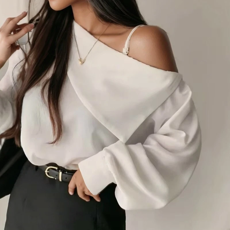 Women Off Shoulder Loose Blouse Fashion Skew Collar Elegant Casual Long Sleeve Shirt Sweet White Tops Spring Autumn Clothes 8353
Women Off Shoulder Loose Blouse Fashion Skew Collar Elegant Casual Long Sleeve Shirt Sweet White Tops Spring Autumn Clothes 8353