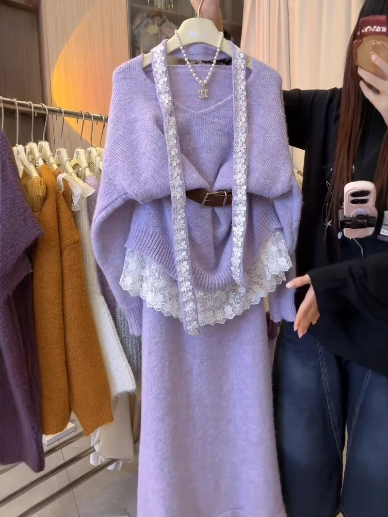 Soft Wind Purple Set Women's Autumn Winter Loose Lazy V-neck Overhead Sweater Half Skirt Two-piece Set High Waist Pure Color
Soft Wind Purple Set Women's Autumn Winter Loose Lazy V-neck Overhead Sweater Half Skirt Two-piece Set High Waist Pure Color