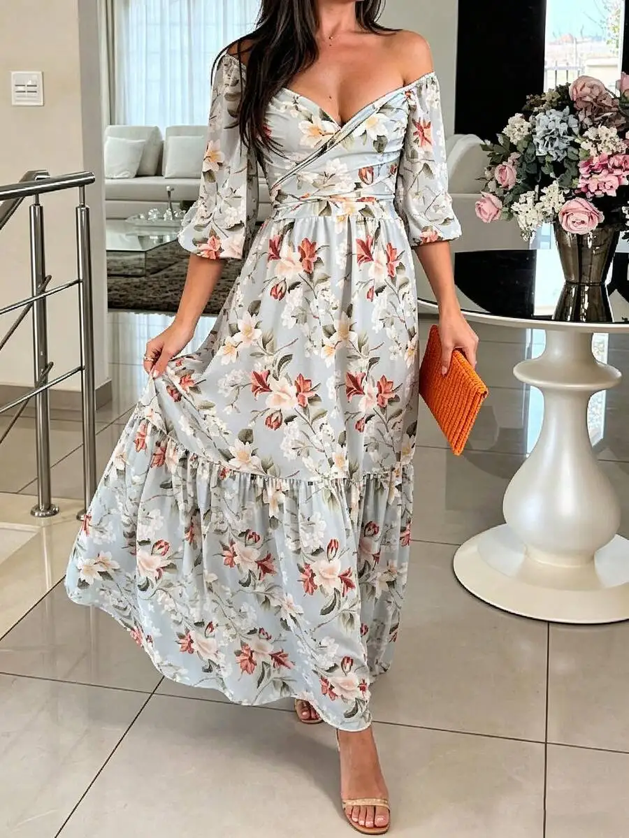 Elegant Floral Print Off Shoulder Three Quarter Sleeve Maxi Dress For Women
Elegant Floral Print Off Shoulder Three Quarter Sleeve Maxi Dress For Women