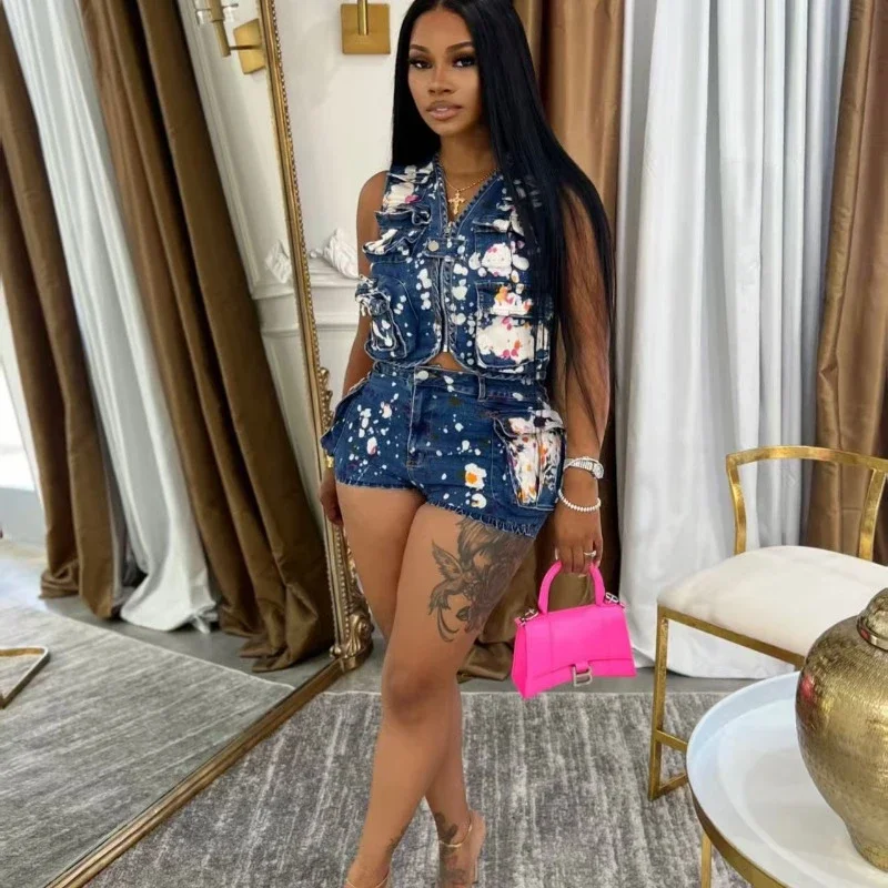Painting Print Cargo Denim 2 Piece Set Women Fashion Multi Pockets Sleeveless Zipper Jacket Vest Crop Tops + Shorts Casual Suits
Painting Print Cargo Denim 2 Piece Set Women Fashion Multi Pockets Sleeveless Zipper Jacket Vest Crop Tops + Shorts Casual Suits