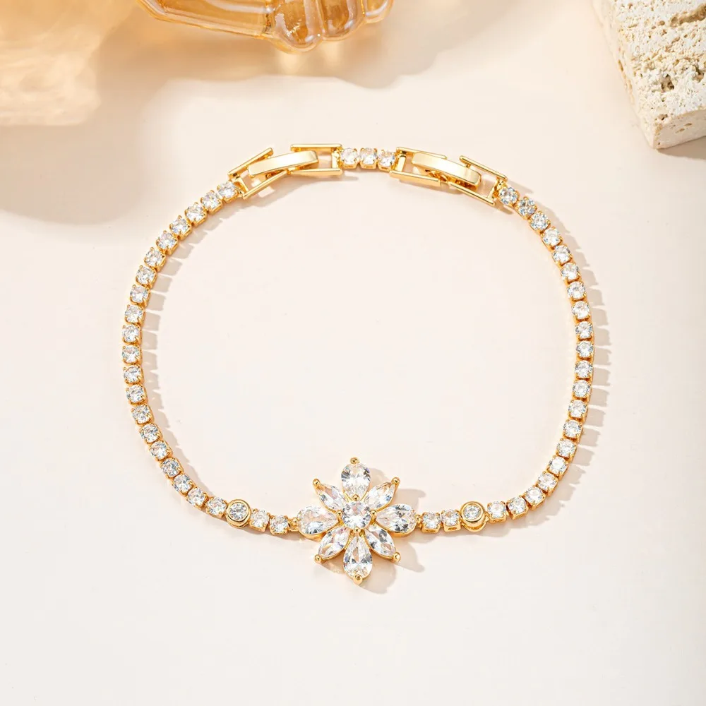Gold Plated Flower Center Tennis Bracelet, Full Pave Cubic Zirconia Dainty Sparkling Wedding Bridal Daily Party StatementJewelry
Gold Plated Flower Center Tennis Bracelet, Full Pave Cubic Zirconia Dainty Sparkling Wedding Bridal Daily Party StatementJewelry