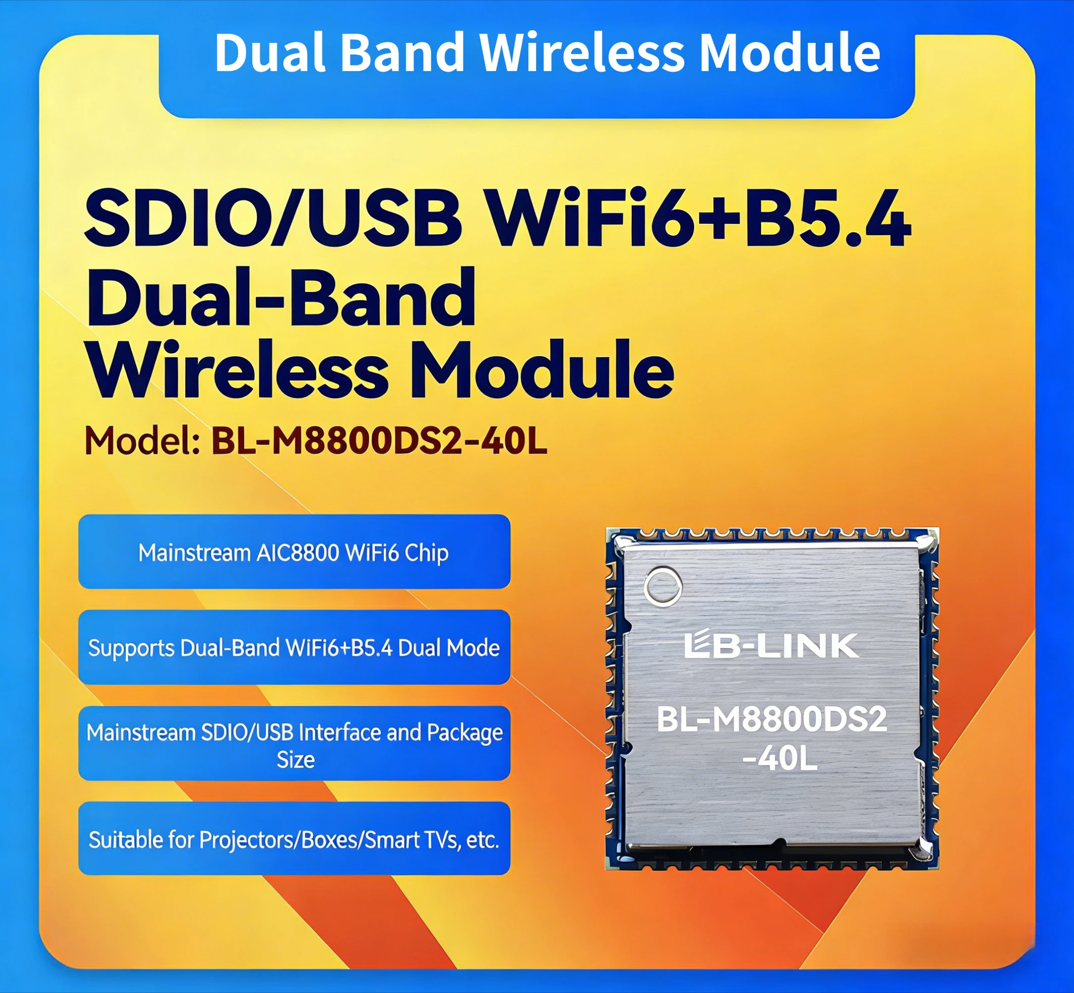 M8800DS2 Wireless Module AIC8800 Chip WiFi6 Dual Band 5G Bluetooth BLE For IPC Camera Video Transmission Network Configuration
M8800DS2 Wireless Module AIC8800 Chip WiFi6 Dual Band 5G Bluetooth BLE For IPC Camera Video Transmission Network Configuration