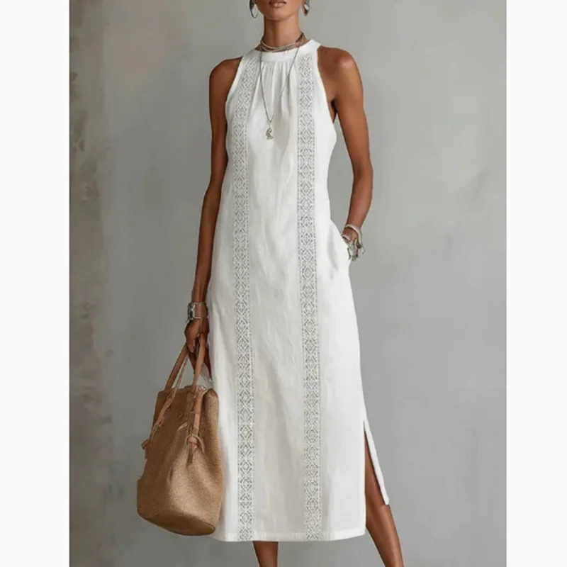Women's Halter Slit Holiday Solid Color Lace Splicing Sleeveless Dress Vintage Vestidos Maxi Dress Summer Loose Party Robe
Women's Halter Slit Holiday Solid Color Lace Splicing Sleeveless Dress Vintage Vestidos Maxi Dress Summer Loose Party Robe