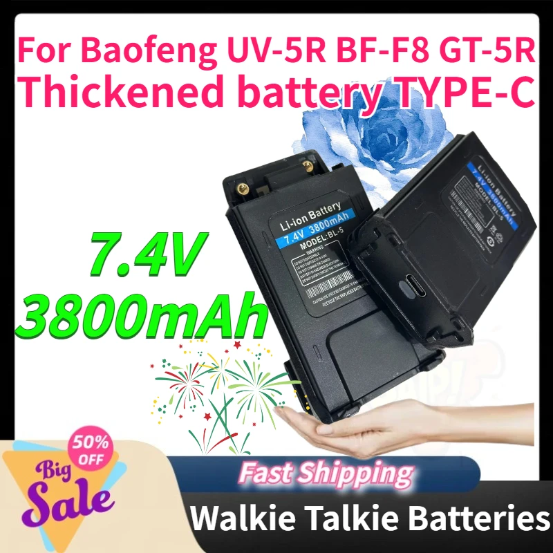 For Baofeng UV-5R BF-F8 GT-5R Walkie Talkie Battery 7.4V 3800mAh Lithium-ion Thickened Battery Type-C Rechargeable Battery
For Baofeng UV-5R BF-F8 GT-5R Walkie Talkie Battery 7.4V 3800mAh Lithium-ion Thickened Battery Type-C Rechargeable Battery