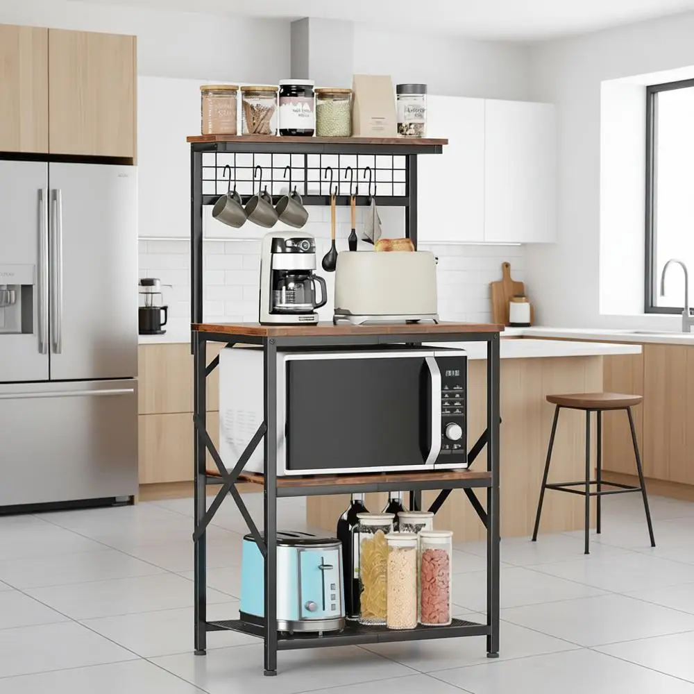 Кухонная тумба-стеллаж с верхней полкой, 4-уровневая станция для кофе, подставка для микроволновой печи с 6 крючками и перфорированной панелью, для кухонной микроволновой печи
Кухонная тумба-стеллаж с верхней полкой, 4-уровневая станция для кофе, подставка для микроволновой печи с 6 крючками и перфорированной панелью, для кухонной микроволновой печи