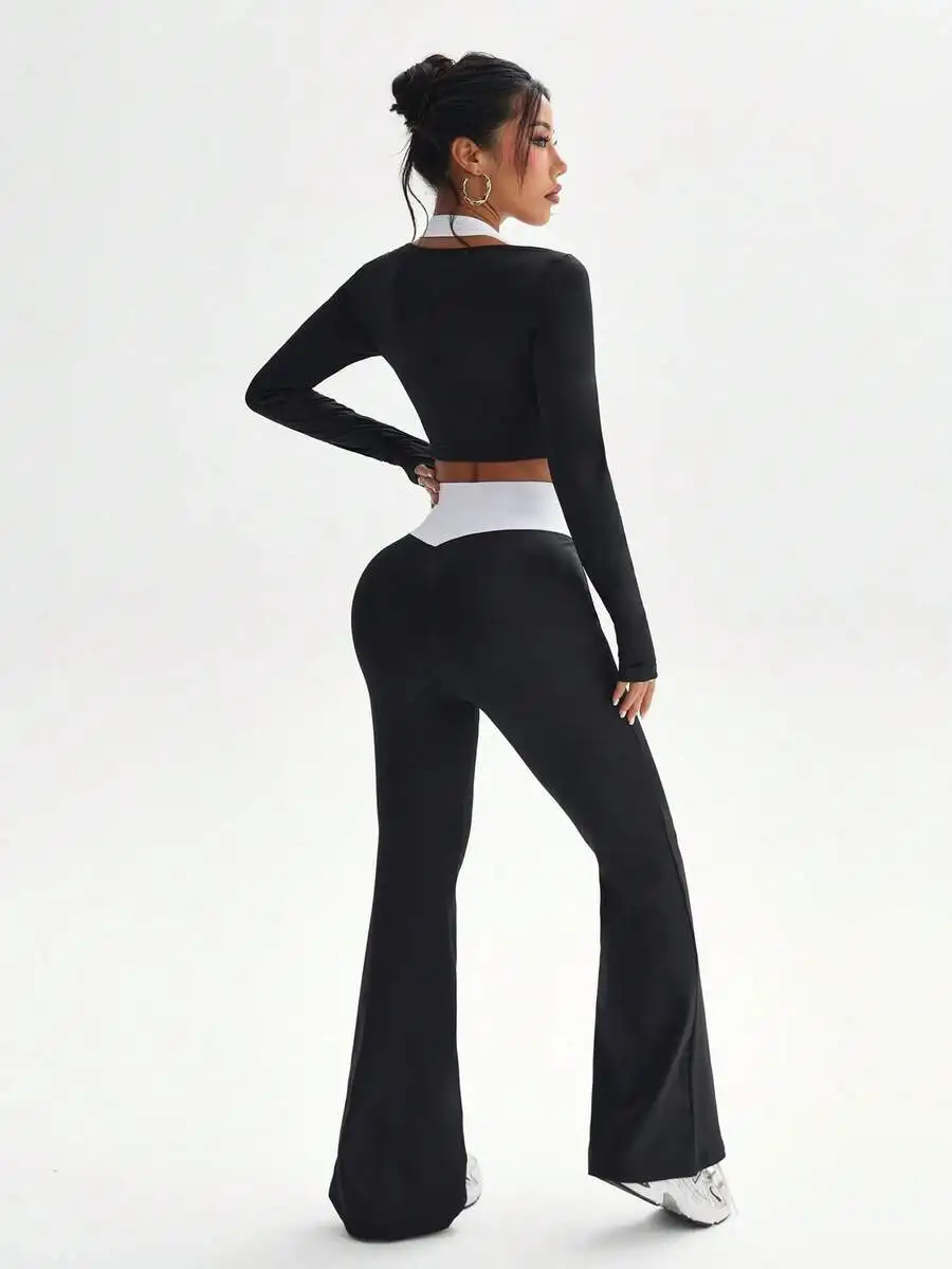 Womens Long Sleeve Crop Top And Flare Pants Workout Set Black White Contrast
Womens Long Sleeve Crop Top And Flare Pants Workout Set Black White Contrast