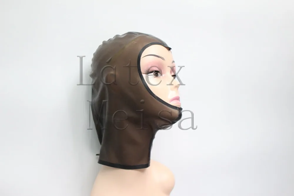 Rubber masks Latex hoods with open face in transparent black and black trim color for female
Rubber masks Latex hoods with open face in transparent black and black trim color for female