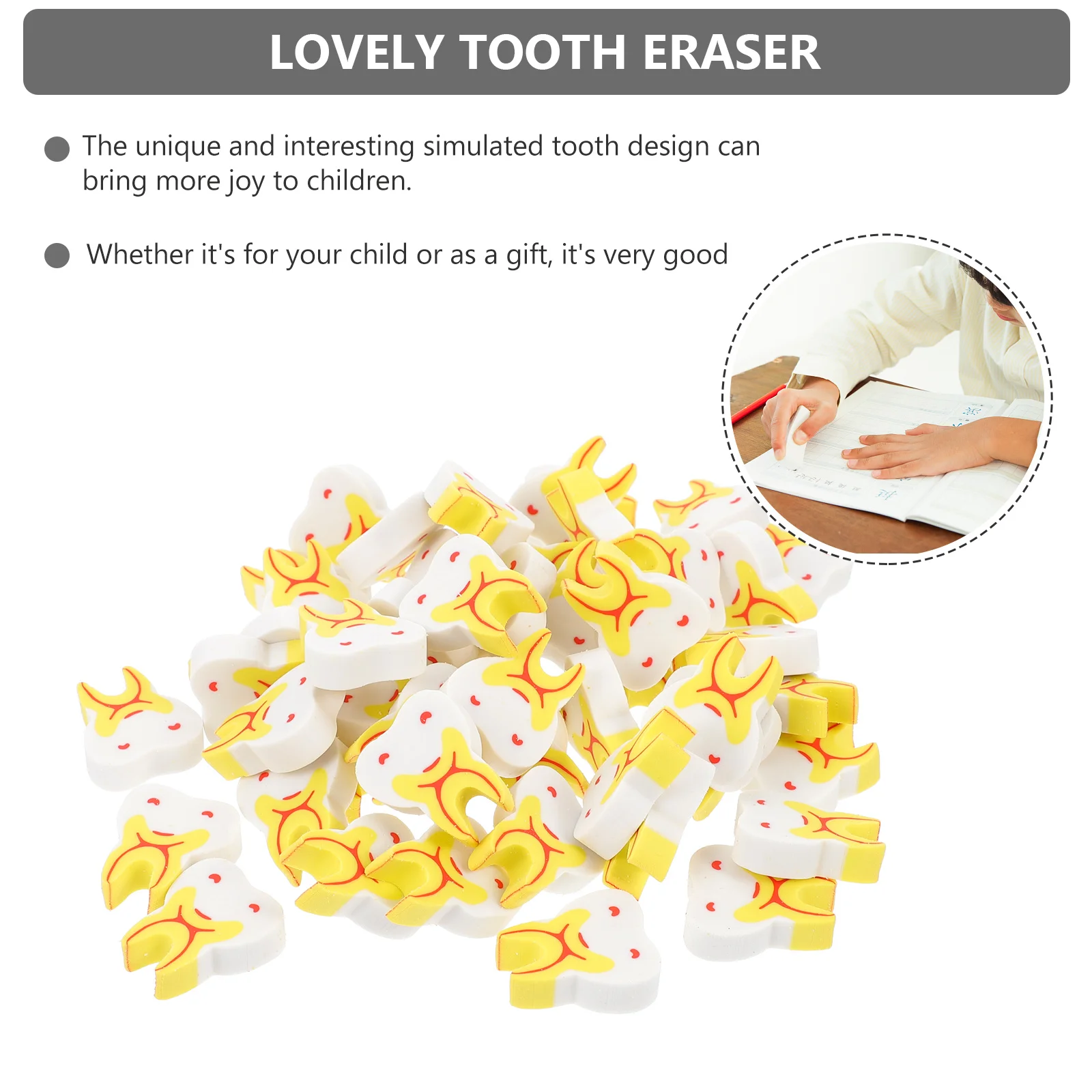 50Pcs Creative Tooth Shaped Erasers Kids Painting Stationery Funny Gift Children Eraser Supplies
50Pcs Creative Tooth Shaped Erasers Kids Painting Stationery Funny Gift Children Eraser Supplies