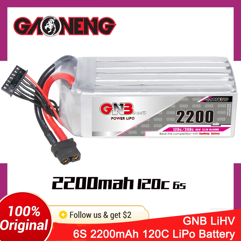 GNB 2200mAh 6S LiPo-Battery 22.2V 120C LiPo Battery XT60 For 250-330mm Brushless Drone, MultiCopter,Helicopter, RC DIY Drone etc
GNB 2200mAh 6S LiPo-Battery 22.2V 120C LiPo Battery XT60 For 250-330mm Brushless Drone, MultiCopter,Helicopter, RC DIY Drone etc