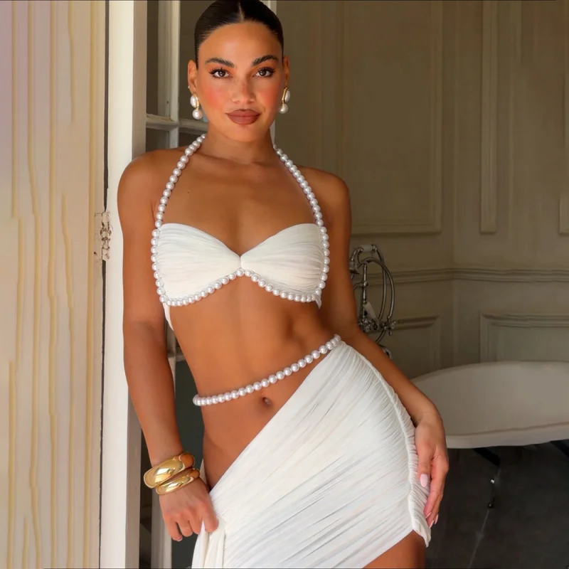 Weird Puss Elegant Bead Halter 2 Piece Set Women Sexy Ruched Mesh Backless Sleeveless Bra Vest+Ribbon Skirts Vacation Party Suit
Weird Puss Elegant Bead Halter 2 Piece Set Women Sexy Ruched Mesh Backless Sleeveless Bra Vest+Ribbon Skirts Vacation Party Suit