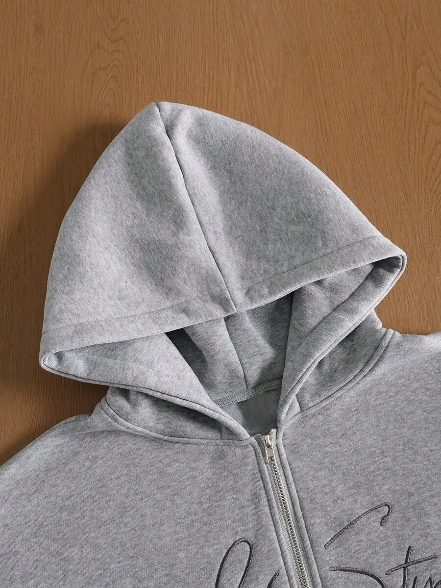 Gray Mens Zip-Up Hooded Sweatshirt With Script Embroidery And Matching Jogger Pants Set
Gray Mens Zip-Up Hooded Sweatshirt With Script Embroidery And Matching Jogger Pants Set