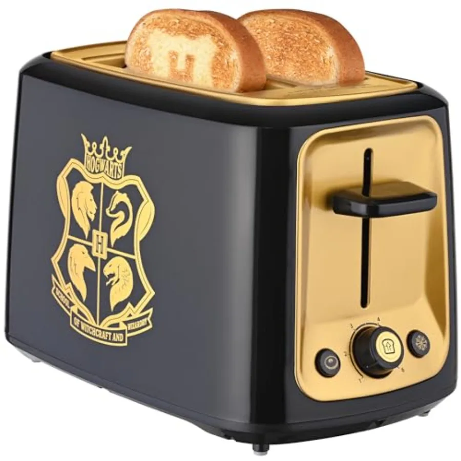 Warner Brothers 2-Slice Toaster by Select Brands Imprints Hogwarts Crest and Glasses on Toasted Bread Black and Gold WBH-26TS
Warner Brothers 2-Slice Toaster by Select Brands Imprints Hogwarts Crest and Glasses on Toasted Bread Black and Gold WBH-26TS