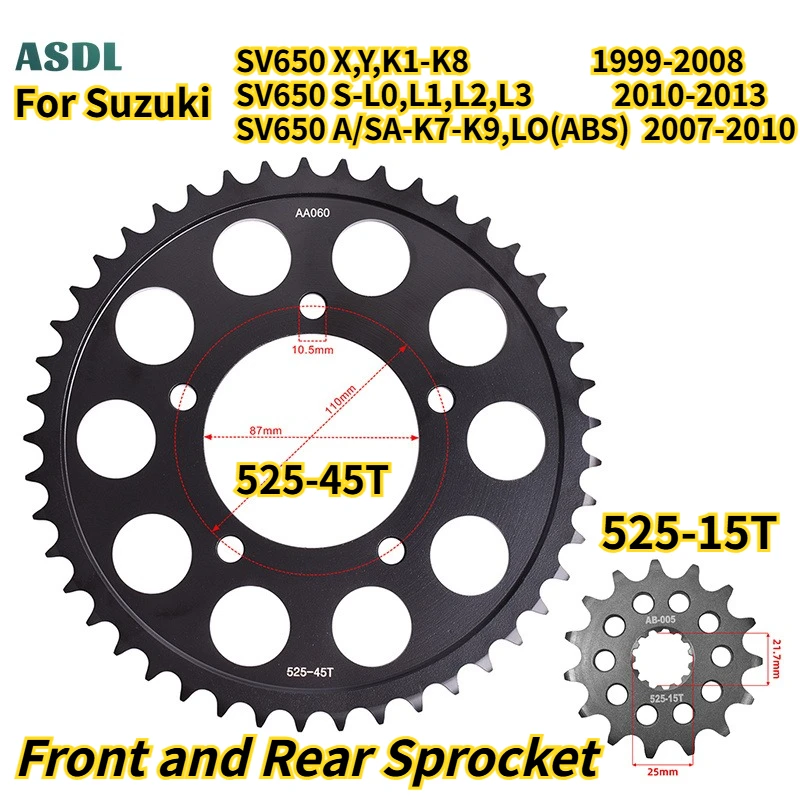 525 Motorcycle Front and Rear Sprocket 45T 15T For Suzuki SV650 X,Y,K1-K8 1999-2008 SV650 S-L0 L1 L2 L3 10-13 SV 650 A/SA K7-K9
525 Motorcycle Front and Rear Sprocket 45T 15T For Suzuki SV650 X,Y,K1-K8 1999-2008 SV650 S-L0 L1 L2 L3 10-13 SV 650 A/SA K7-K9