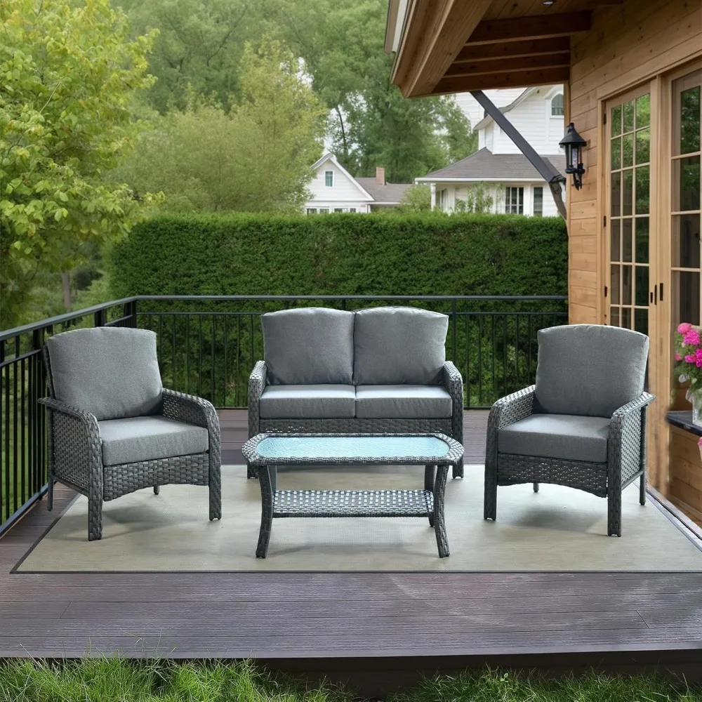 Patio Furniture Set,4 Pieces Outdoor Conversation Set,All Weather Wicker Loveseat Sofa Set with High Back Chairs Table,Dark Gra
Patio Furniture Set,4 Pieces Outdoor Conversation Set,All Weather Wicker Loveseat Sofa Set with High Back Chairs Table,Dark Gra