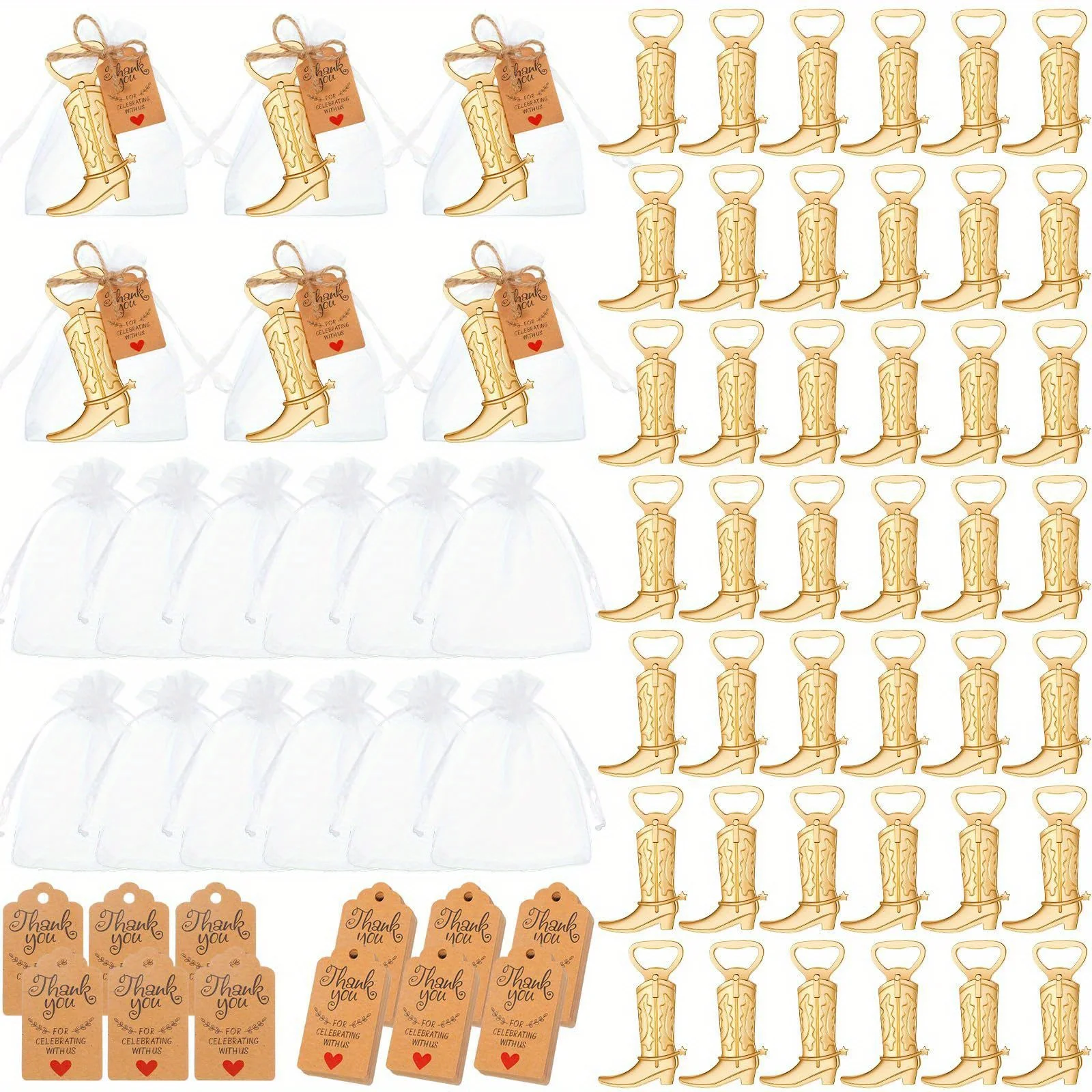 Set of Bottle Openers Shaped Like Cowboy Boots, Complete with White Organza Bags, Thank You Tags for Favors, And Jute Rope, Perfect for Guests at Weddings Or Baby Showers
Set of Bottle Openers Shaped Like Cowboy Boots, Complete with White Organza Bags, Thank You Tags for Favors, And Jute Rope, Perfect for Guests at Weddings Or Baby Showers