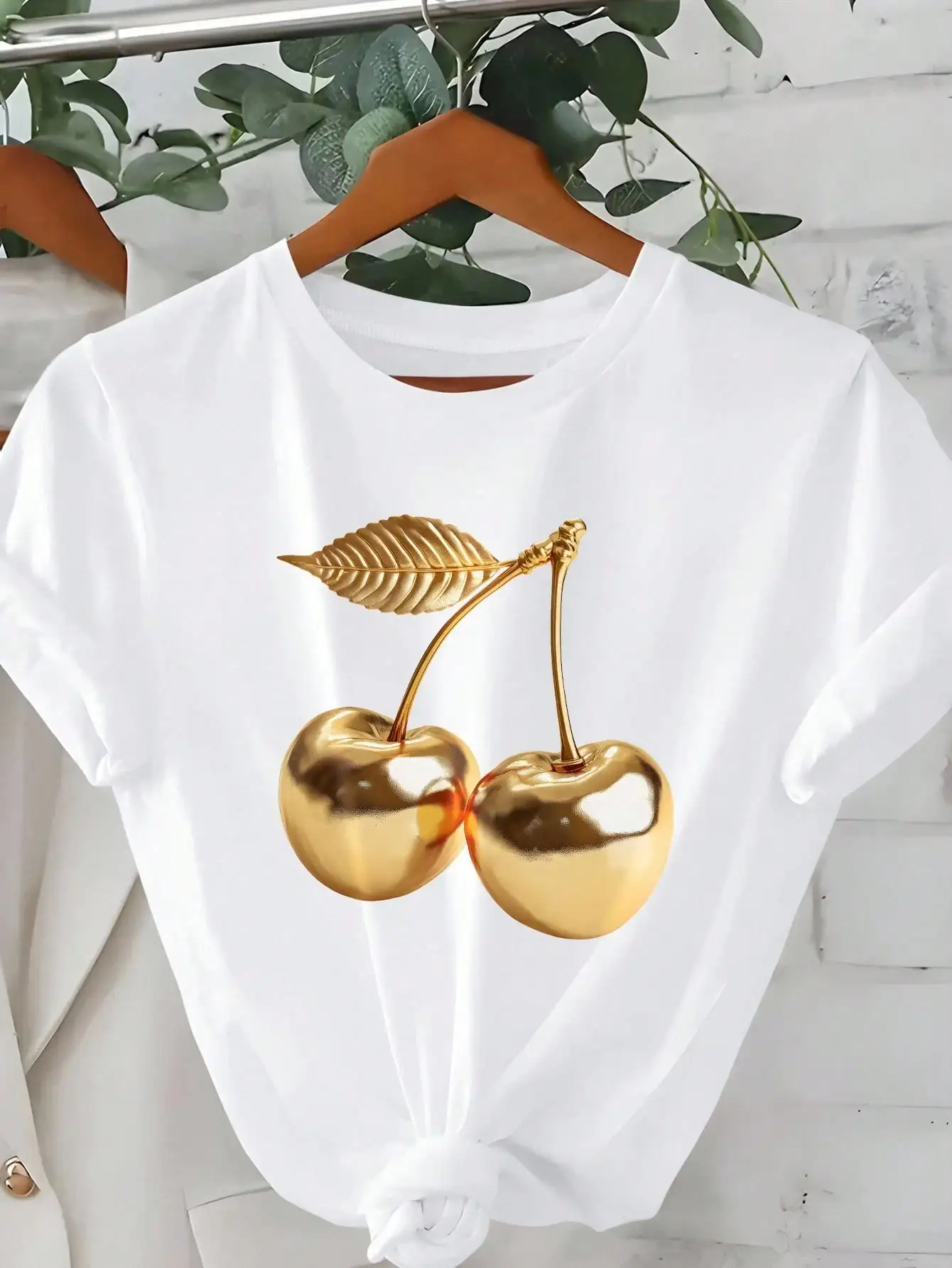 Women's White Short Sleeve T-Shirt with Gold Cherry Print, Street Style Summer Top
Women's White Short Sleeve T-Shirt with Gold Cherry Print, Street Style Summer Top