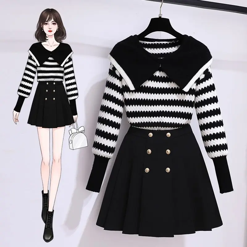 2023 Autumn/Winter New Suit Academy Style Doll Neck Striped Sweater Women's Slim Versatile Short Skirt Two Piece Set Fashion
2023 Autumn/Winter New Suit Academy Style Doll Neck Striped Sweater Women's Slim Versatile Short Skirt Two Piece Set Fashion