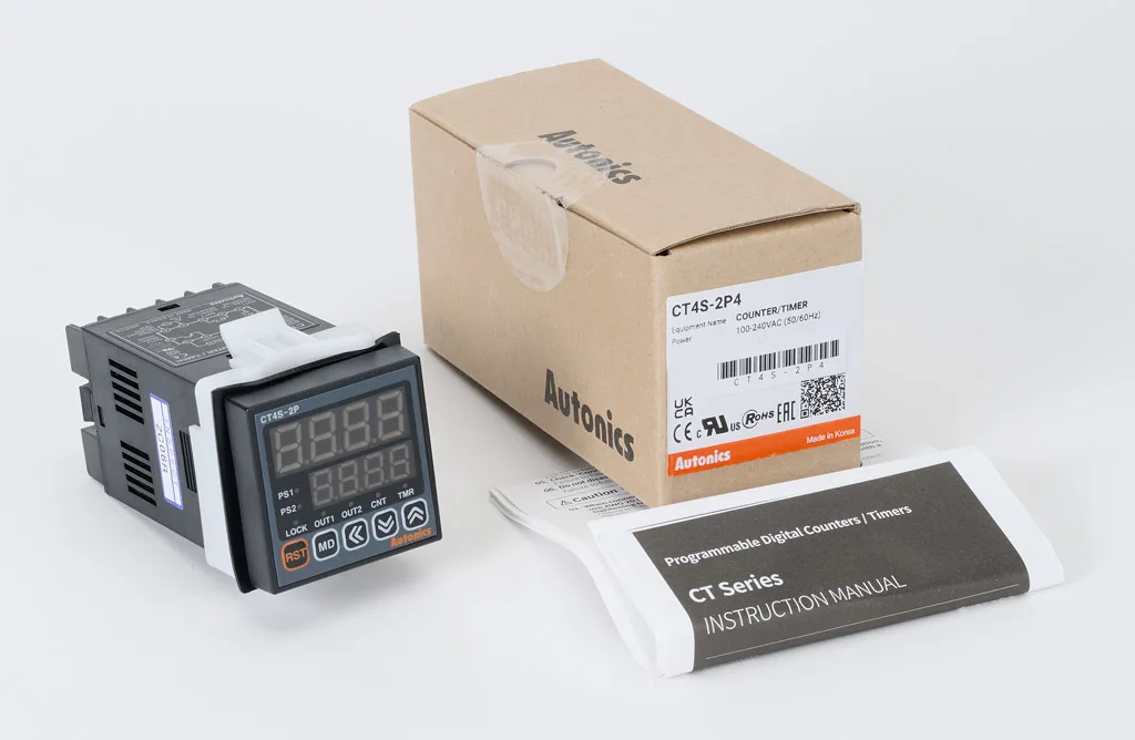 CT4S-2P4 Counter/Timer, W48xH48mm, 4-Digit, LED, 2 Preset, PNP or NPN Input, Prescale value setting, 2 Relay SPST(2a) 250VAC 5A,
CT4S-2P4 Counter/Timer, W48xH48mm, 4-Digit, LED, 2 Preset, PNP or NPN Input, Prescale value setting, 2 Relay SPST(2a) 250VAC 5A,
