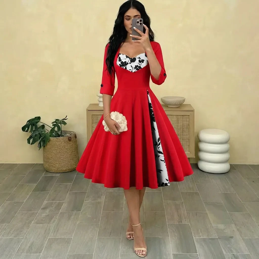 Vintage Style Red Women Dress with Floral Printed Bodice & 3/4 Sleeves, Retro Color-blocked Party Dress with Button Cuf FS0954
Vintage Style Red Women Dress with Floral Printed Bodice & 3/4 Sleeves, Retro Color-blocked Party Dress with Button Cuf FS0954