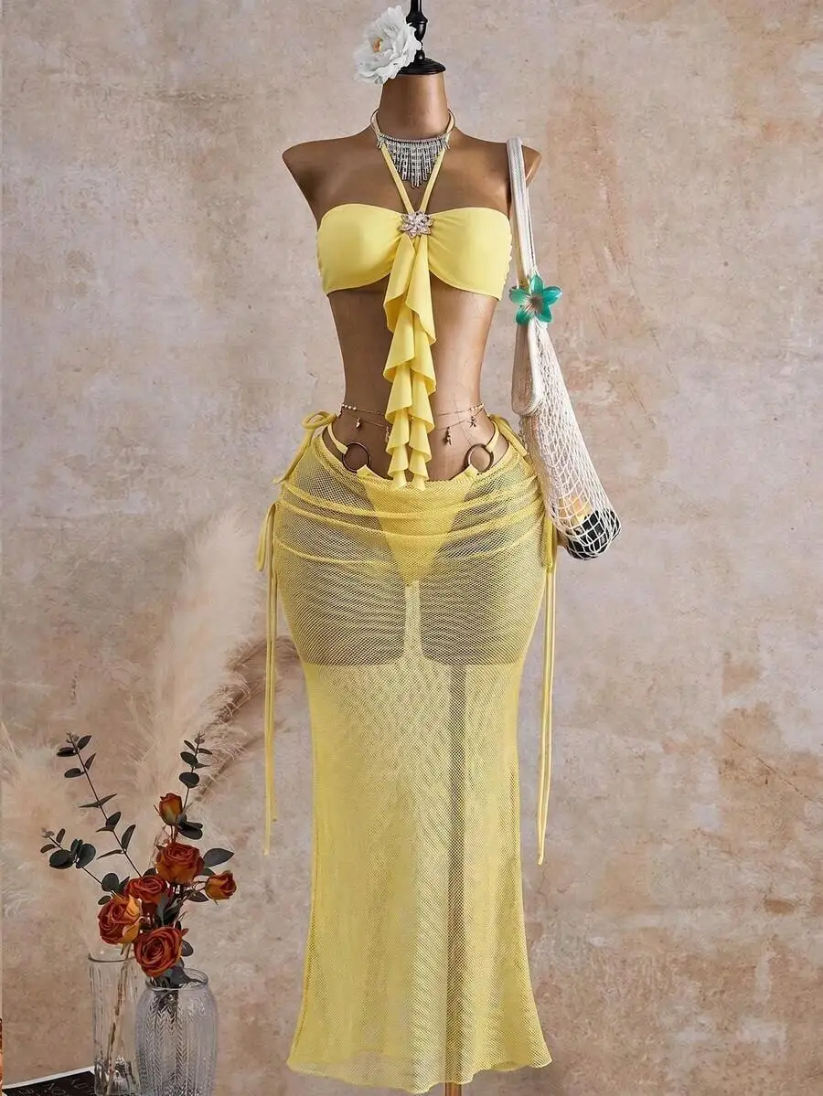 Yellow Halter Tie Bikini Set With Sheer Mesh Maxi Skirt Bohemian Beach Vacation Outfit
Yellow Halter Tie Bikini Set With Sheer Mesh Maxi Skirt Bohemian Beach Vacation Outfit