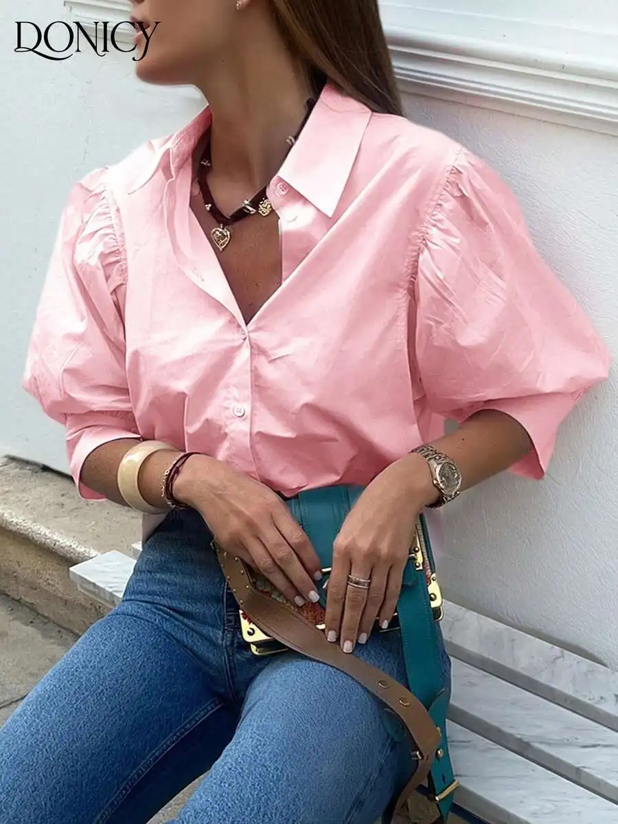 Women's Pink Collared Mid-Sleeve Blouse with Puff Sleeves, Loose Fit Casual Shirt for Spring Summer
Women's Pink Collared Mid-Sleeve Blouse with Puff Sleeves, Loose Fit Casual Shirt for Spring Summer