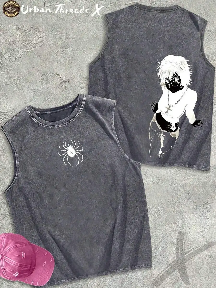 Серая хлопковая майка с эффектом потертости и принтом в виде паука и стилизованной фигуры
Серая хлопковая майка с эффектом потертости и принтом в виде паука и стилизованной фигуры