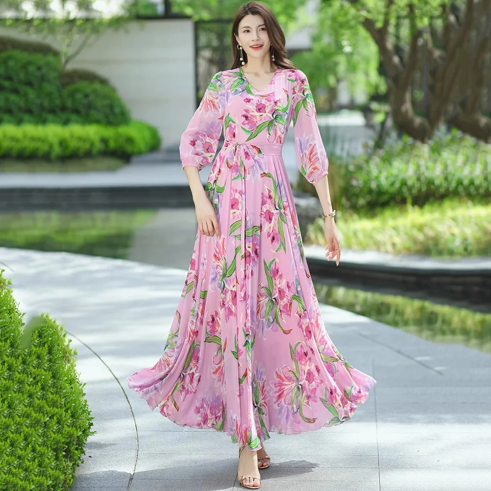 New Women Spring Summer Sweet Pink Print Dress Fashion V-Neck Slim Waist Long Floral Dress Simplicity Elegant Holiday Dress
New Women Spring Summer Sweet Pink Print Dress Fashion V-Neck Slim Waist Long Floral Dress Simplicity Elegant Holiday Dress