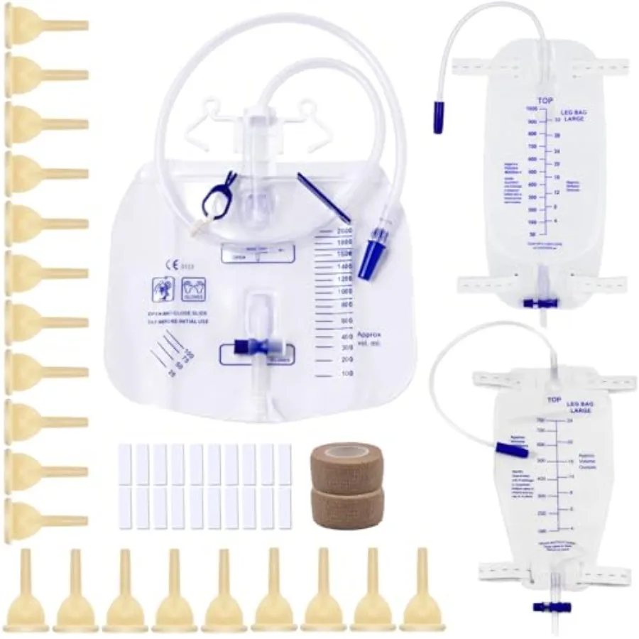External Male Catheters Kit with 2 Leg Bags 750mL 1000mL, Overnight 2000mL Urine Bags, 20 Soft Latex, 2 Rolls Tape, Condom Cath
External Male Catheters Kit with 2 Leg Bags 750mL 1000mL, Overnight 2000mL Urine Bags, 20 Soft Latex, 2 Rolls Tape, Condom Cath