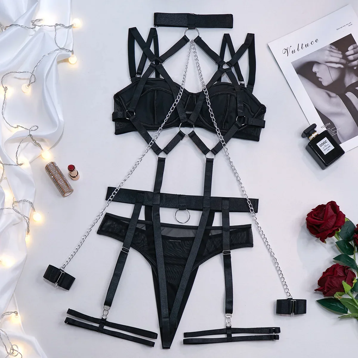 Fashion Sexy Seductive Chain Lingerie Four Piece Set Women's Solid Exotic Apparel Suit Female Stain Pure Desire Style Underwear 
Fashion Sexy Seductive Chain Lingerie Four Piece Set Women's Solid Exotic Apparel Suit Female Stain Pure Desire Style Underwear