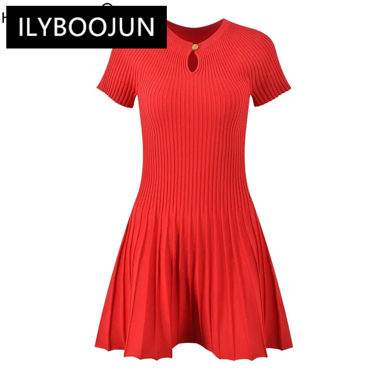 2024 Summer New Arrival Hollow Out Lady O-neckline Short Sleeve Women Knit A-line Pleated Solid Mini Dress
2024 Summer New Arrival Hollow Out Lady O-neckline Short Sleeve Women Knit A-line Pleated Solid Mini Dress