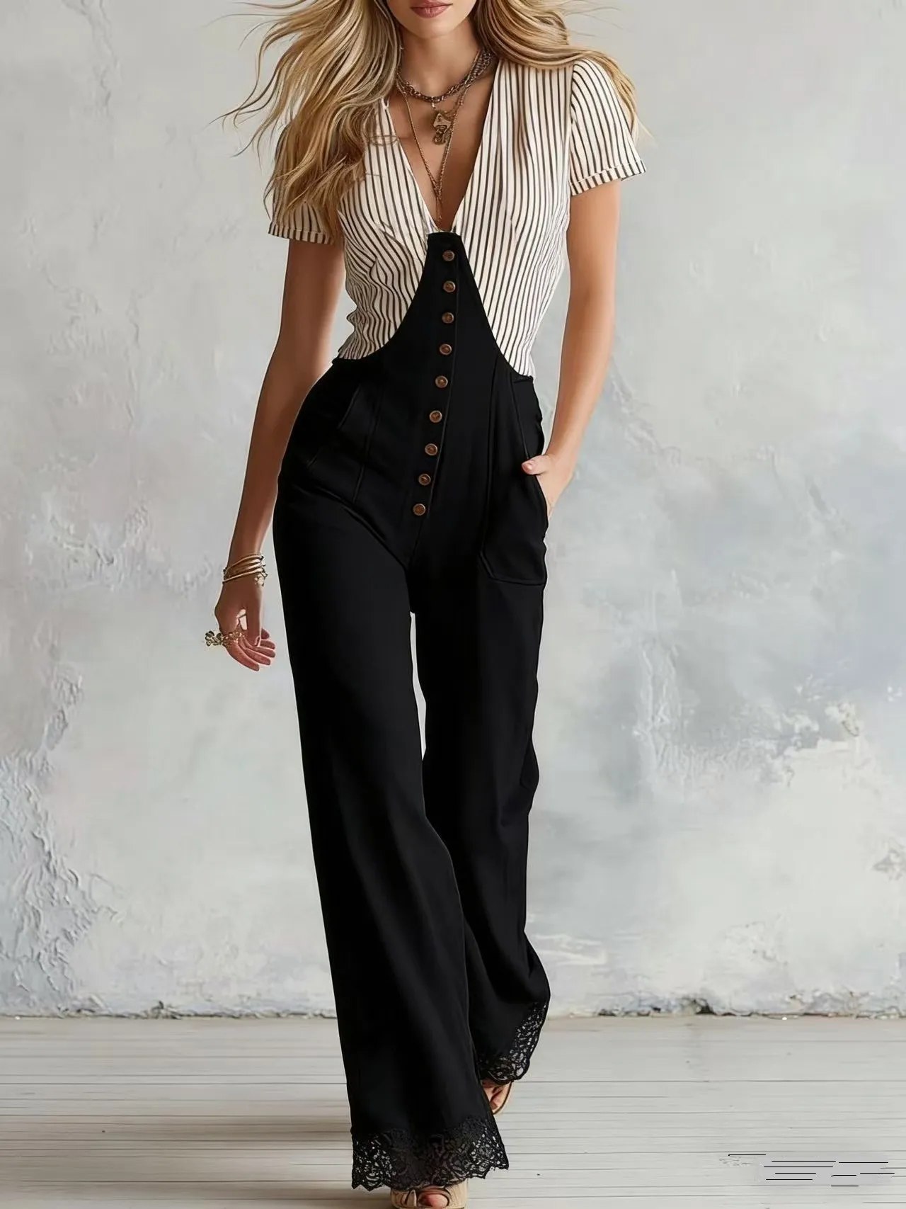 High Waist V Neck Short Sleeve Button Front Jumpsuit Striped Top Solid Color Wide Leg Pants Cap Sleeve Romper
High Waist V Neck Short Sleeve Button Front Jumpsuit Striped Top Solid Color Wide Leg Pants Cap Sleeve Romper