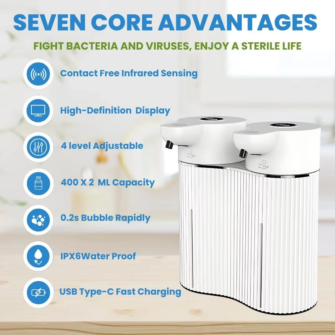 800ML Double Head Digital Display Automatic Sensor Soap Dispenser Dual Foam Liquid Soap Machine Wall Mount Desktop Touchless
800ML Double Head Digital Display Automatic Sensor Soap Dispenser Dual Foam Liquid Soap Machine Wall Mount Desktop Touchless