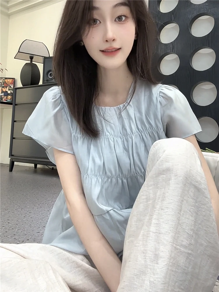 Sweet Loose Pleated Doll Shirt Women's Summer Unique Blue Bubble Short Sleeve Chiffon Blouse Korean Style round Neck Regular ...
Sweet Loose Pleated Doll Shirt Women's Summer Unique Blue Bubble Short Sleeve Chiffon Blouse Korean Style round Neck Regular ...