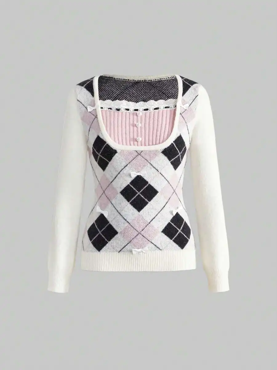 Y2K College Style Argyle Diamond Bow Detail Fitted Knit Sweater
Y2K College Style Argyle Diamond Bow Detail Fitted Knit Sweater