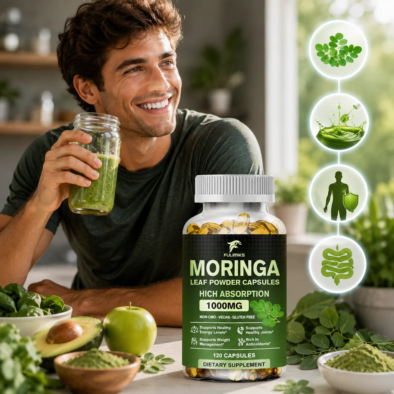 FULIMIKS Natural Moringa 1000mg Supplement, Supports Immune Defense, Digestion, Skin, Joint, Energy & Antioxidant Health
FULIMIKS Natural Moringa 1000mg Supplement, Supports Immune Defense, Digestion, Skin, Joint, Energy & Antioxidant Health