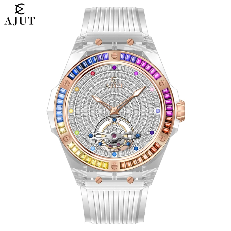 AJUT 0521 Luxury Transparent Crystal Case Tourbillon Man Watch Skeleton Sapphire Automatic Tourbillon Mechanical Men Watches
AJUT 0521 Luxury Transparent Crystal Case Tourbillon Man Watch Skeleton Sapphire Automatic Tourbillon Mechanical Men Watches
