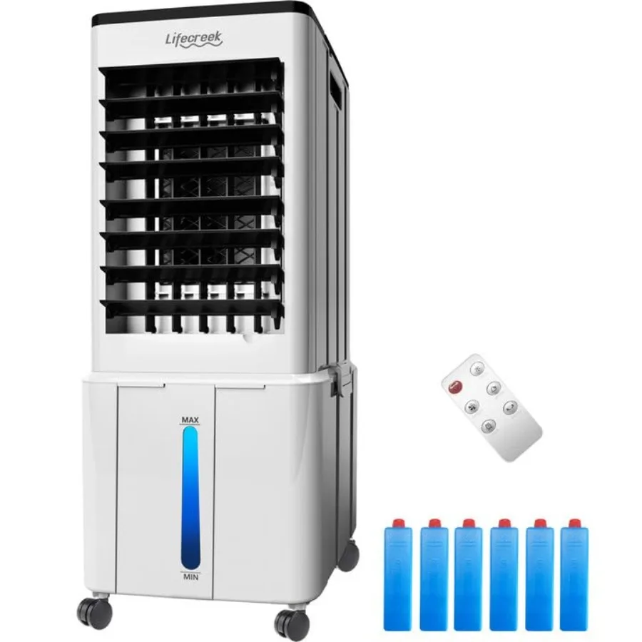 Portable evaporative air cooler for indoor use, plastic body, white, 3.2-gal tank with 6 ice packs, remote control and 12H time
Portable evaporative air cooler for indoor use, plastic body, white, 3.2-gal tank with 6 ice packs, remote control and 12H time
