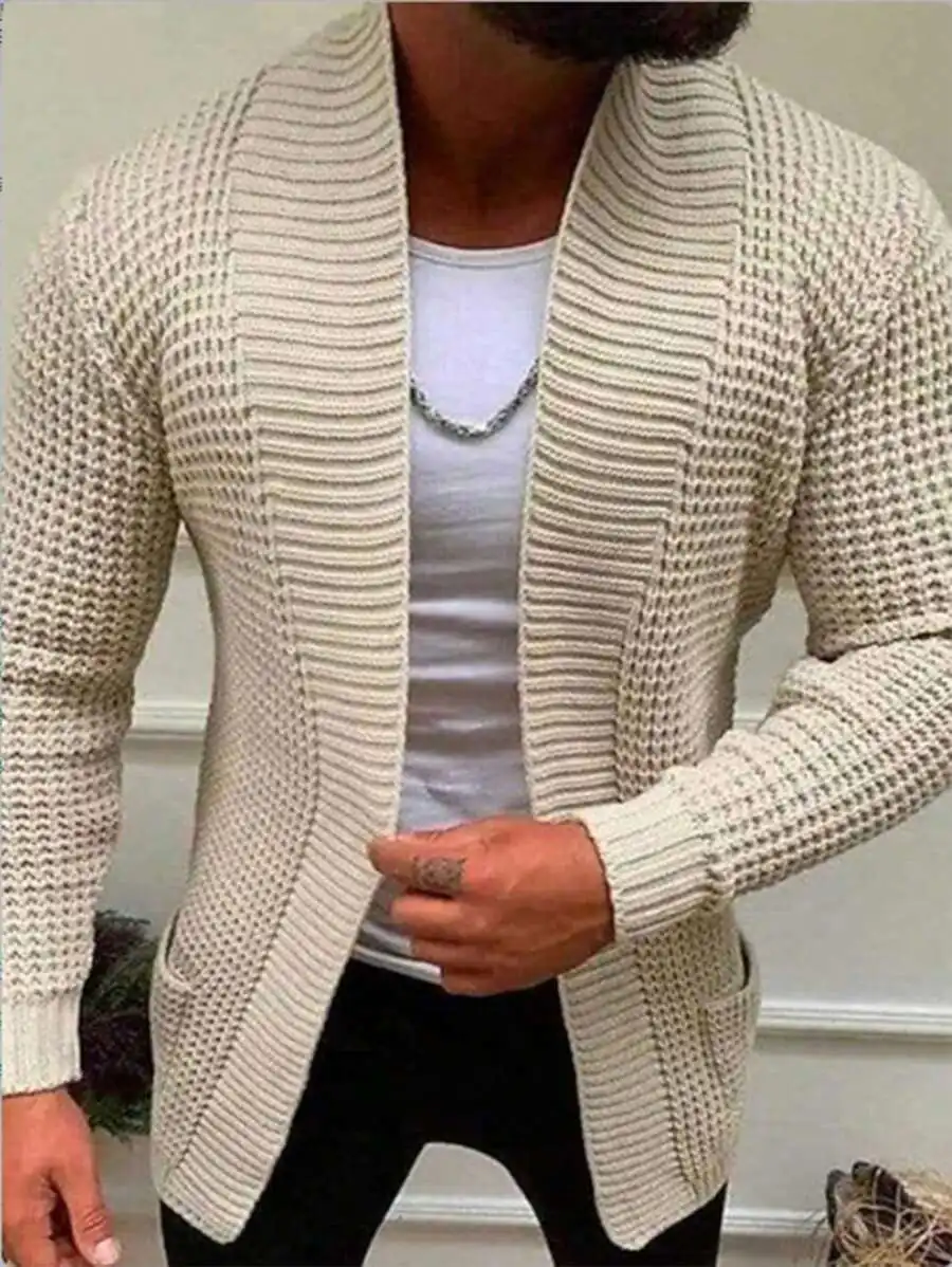 Men's Beige Open-Front Knit Cardigan Sweater with Ribbed Detail
Men's Beige Open-Front Knit Cardigan Sweater with Ribbed Detail