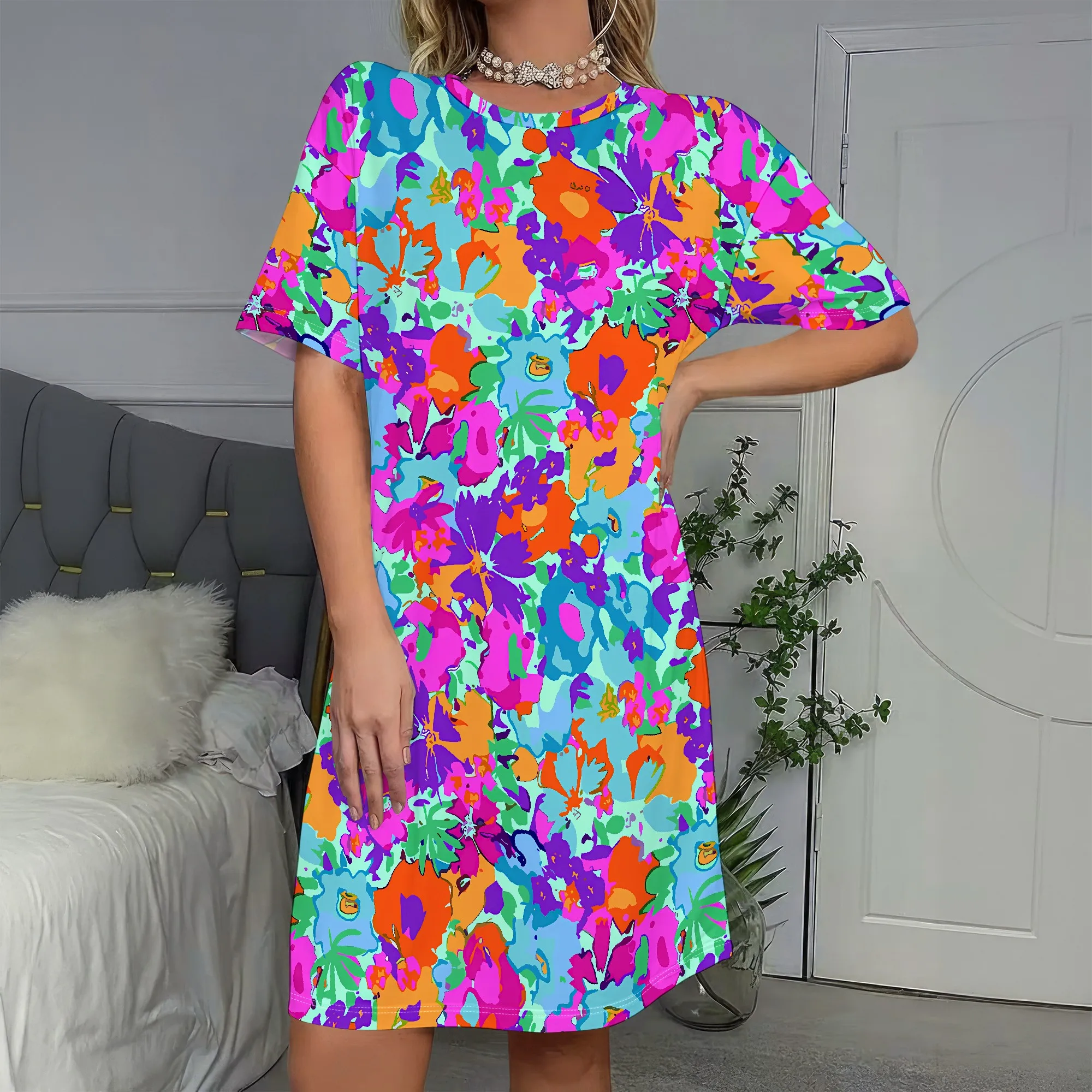 Neon Floral, Summer Dress, Boho Print, Beach Wear, Casual Tunic, Vacation Outfit, Women's Short Sleeve S-2XL
Neon Floral, Summer Dress, Boho Print, Beach Wear, Casual Tunic, Vacation Outfit, Women's Short Sleeve S-2XL