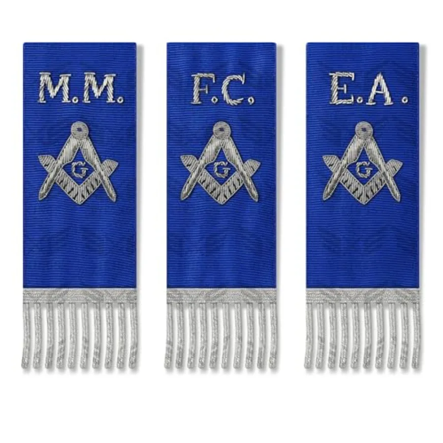 Set of 3 Masonic Ribbon Bible Markers Royal Blue and Silver Bullion Altar Bookmarks Double-Sided Fabric Lining 18" Length E.A.
Set of 3 Masonic Ribbon Bible Markers Royal Blue and Silver Bullion Altar Bookmarks Double-Sided Fabric Lining 18" Length E.A.