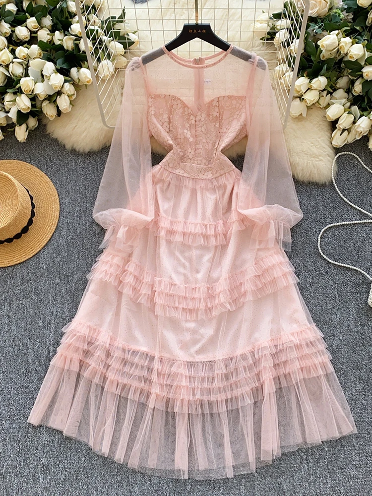 Spring Summer Mesh Fluffy Cake Dress for Women New Pink French Sweet Perspective Lace Long Sleeved Birthday Party Dress S48
Spring Summer Mesh Fluffy Cake Dress for Women New Pink French Sweet Perspective Lace Long Sleeved Birthday Party Dress S48