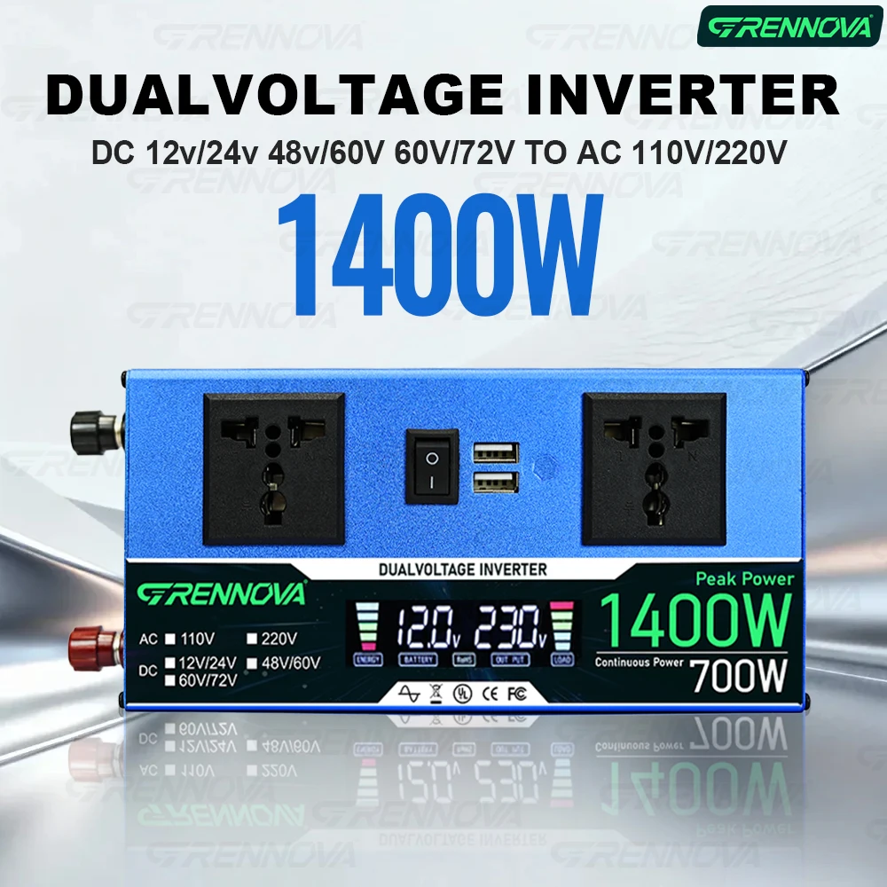 Multi-Voltage Inverter | 1400W Peak (700W Continuous) for DC 12V/24V 48V/60V 60V/72V to AC 110V/220V, Dual Sockets + Dual USB
Multi-Voltage Inverter | 1400W Peak (700W Continuous) for DC 12V/24V 48V/60V 60V/72V to AC 110V/220V, Dual Sockets + Dual USB