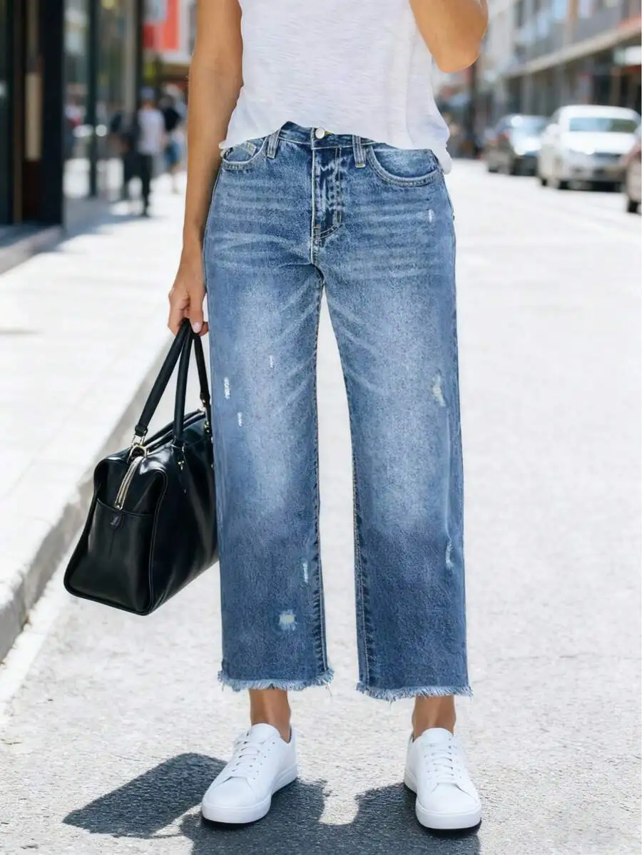 Womens Washed Blue Distressed Loose Straight Leg 7/8 Denim Jeans Casual Spring Autumn
Womens Washed Blue Distressed Loose Straight Leg 7/8 Denim Jeans Casual Spring Autumn