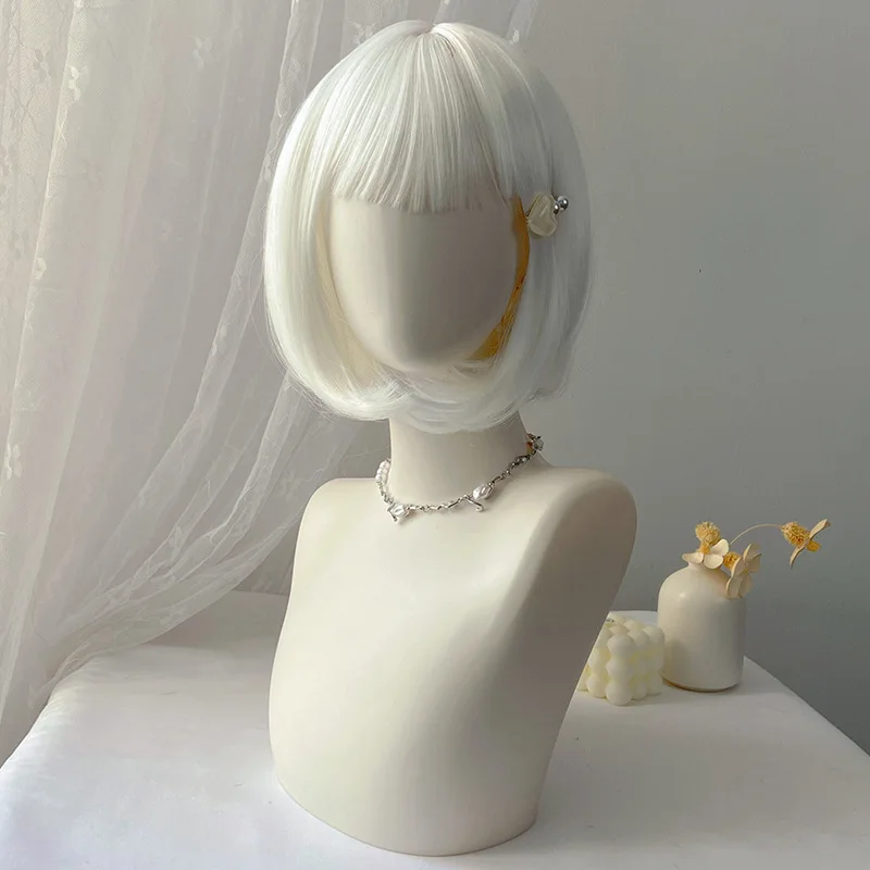 Pure white straight hair cosplay for women with bangs, short bob synthetic fiber machine-made wig
Pure white straight hair cosplay for women with bangs, short bob synthetic fiber machine-made wig