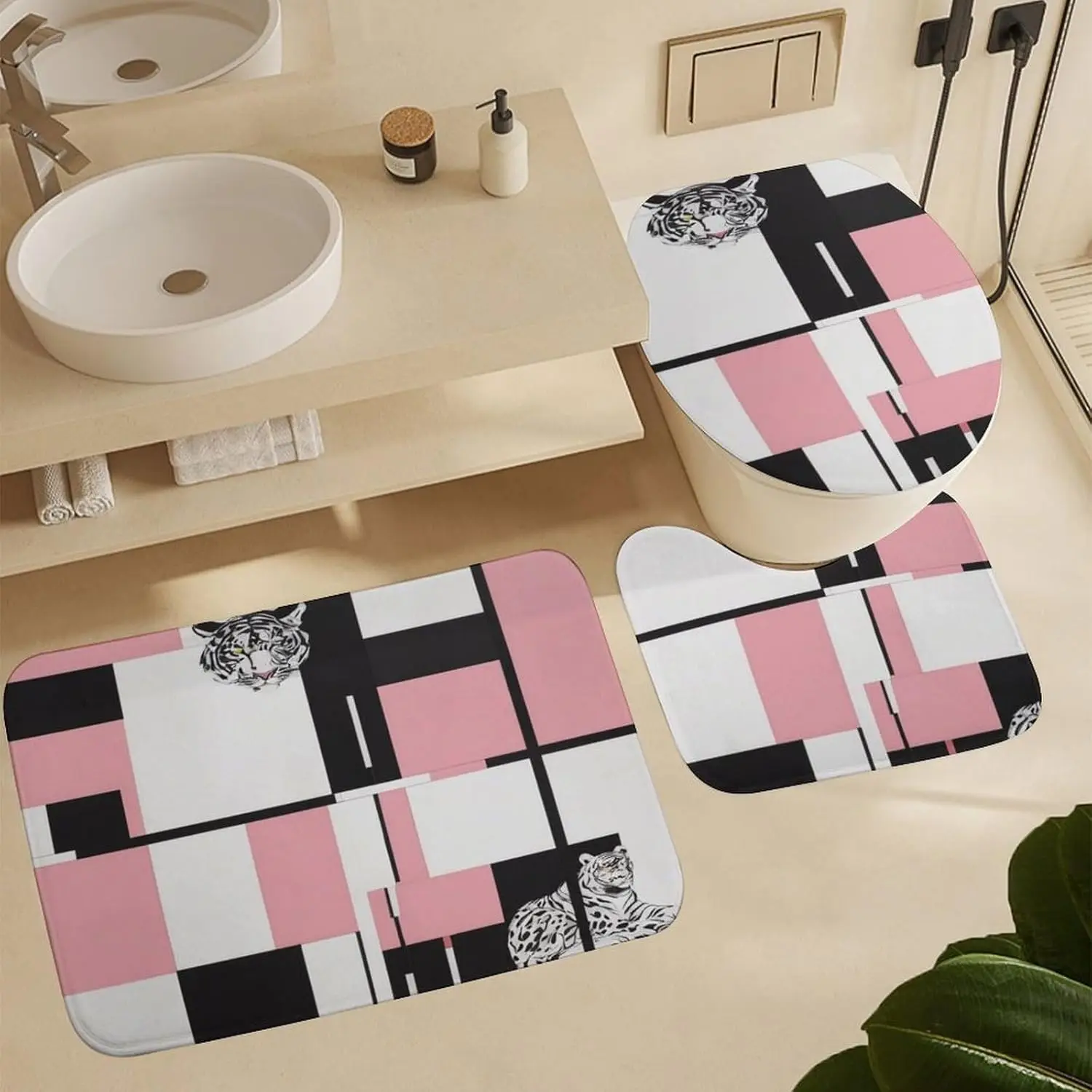 Коврики для ванной Animal Tiger из трех предметов, черно-белые полосатые водонепроницаемые нескользящие коврики для ванной с геометрическим тигром, моющийся коврик для ванной комнаты
Коврики для ванной Animal Tiger из трех предметов, черно-белые полосатые водонепроницаемые нескользящие коврики для ванной с геометрическим тигром, моющийся коврик для ванной комнаты