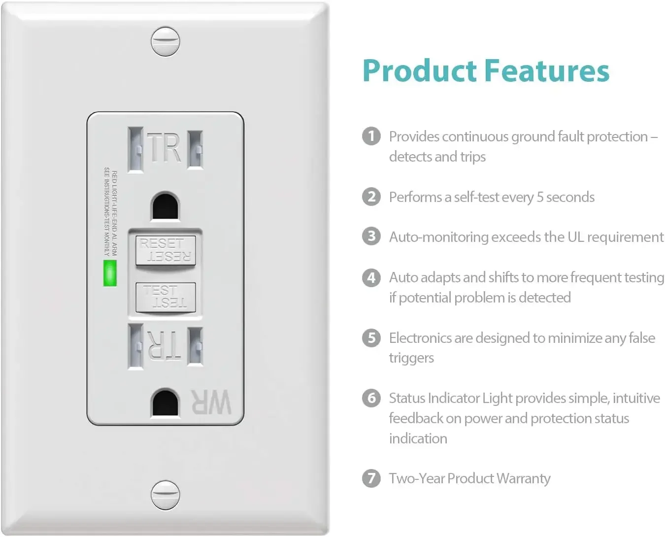 Self-Test GFCI Outlets, Tamper-Resistant and Weather-Resistant, GFCI Receptacle with LED Indicator
Self-Test GFCI Outlets, Tamper-Resistant and Weather-Resistant, GFCI Receptacle with LED Indicator