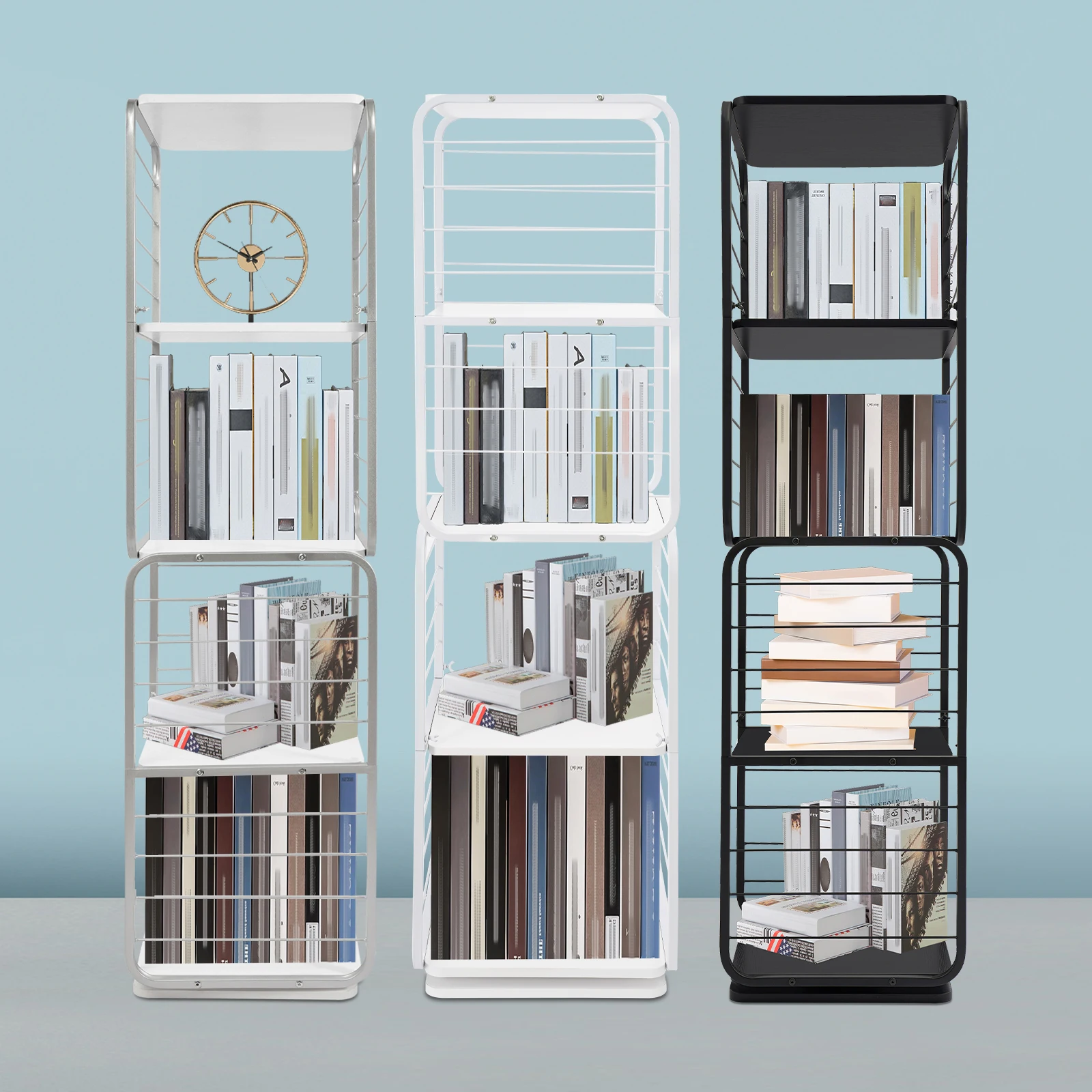 360° Rotating Bookshelf 4-Tier White/Gray Space Saving Bookcase for Bedroom Living Room with Side Wire Guards
360° Rotating Bookshelf 4-Tier White/Gray Space Saving Bookcase for Bedroom Living Room with Side Wire Guards