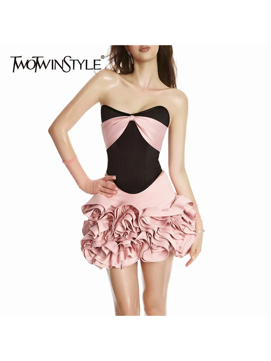 TWOTWINSTYLE Colorblock Slimming Two Piece Set for Women Strapless Sleeveless Top Patchwork 3D Flowers Skirt Sets Female Elegant
TWOTWINSTYLE Colorblock Slimming Two Piece Set for Women Strapless Sleeveless Top Patchwork 3D Flowers Skirt Sets Female Elegant